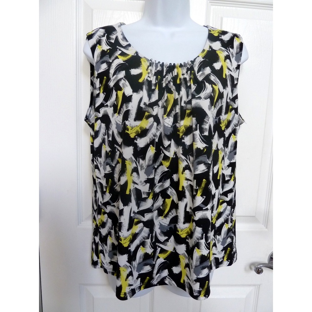 Kasper Women L Sleeveless Abstract Print Blouse Black Yellow White Office Top